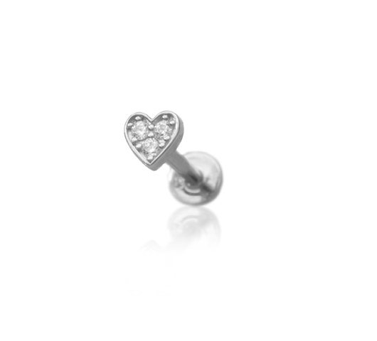 14K fehér arany talpas piercing – szív alakú, cirkónia kövekkel díszítve