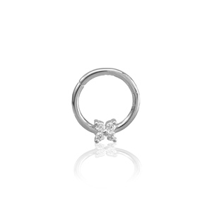14K fehér arany karika piercing – virág alakú cirkónia kövekkel díszítve