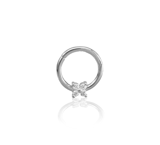14K fehér arany karika piercing – virág alakú cirkónia kövekkel díszítve